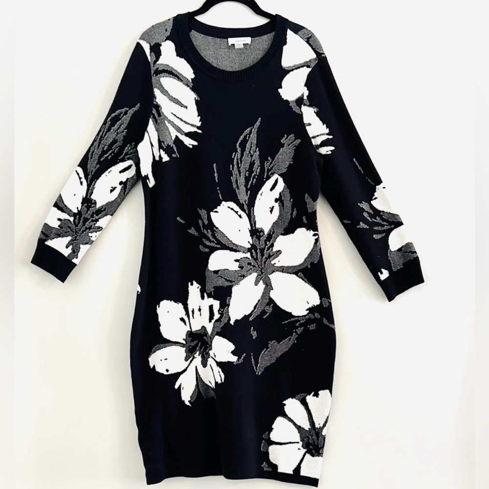 Calvin Klein Midi Sweater Dress Black & Gray Hues with Foral Designs Size L